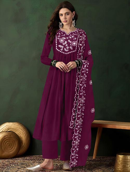 women solid with work long sleeve kurta pant with dupatta set - 21997228 - Very Small Image - 1