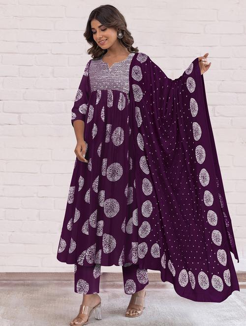 women printed three quarter sleeve anarkali kurta pant with dupatta set - 21997230 - Very Small Image - 1
