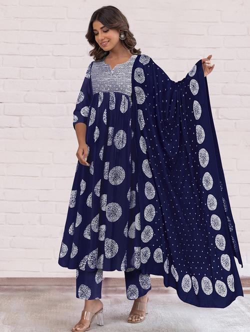 women printed three quarter sleeve anarkali kurta pant with dupatta set - 21997231 - Very Small Image - 1