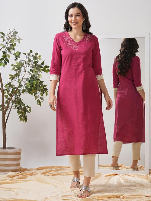women self design three quarter sleeve straight kurta - 21997239 - Very Small Image - 1