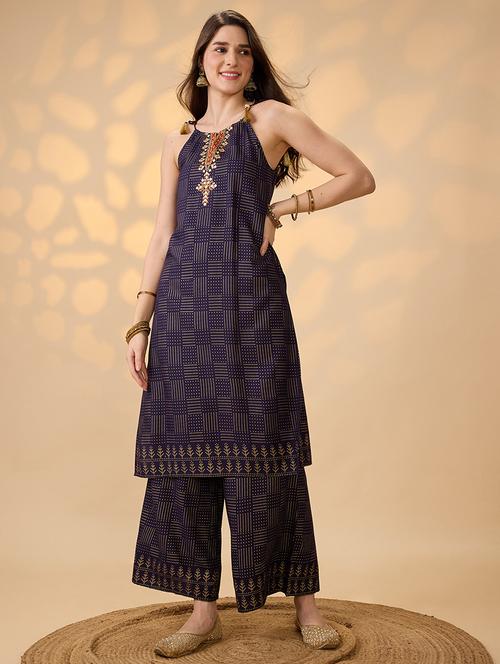 globus women navy blue embroidered yoke halter neck tie-up shoulder straps gold foil printed a-line kurta with pants festive set - 21997977 - Very Small Image - 1