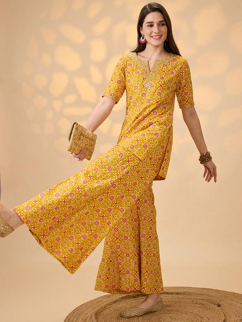 globus women mustard embroidered & mirror work yoke ethnic print kurti with palazzos festive co-ord set - 21998000 - Very Small Image - 1