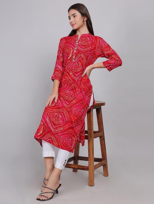 women bandhani printed three quarter sleeve straight kurta - 21998109 - Very Small Image - 1