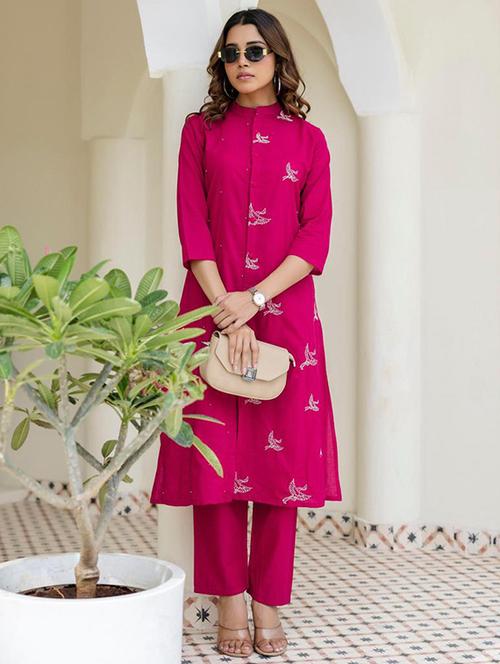 women solid with work three quarter sleeve kurta pant set - 21998512 - Very Small Image - 1