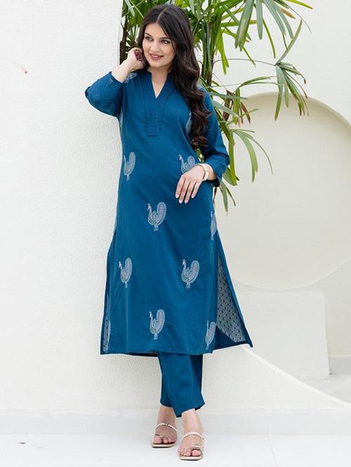 women solid with work three quarter sleeve kurta pant set - 21998513 - Very Small Image - 1