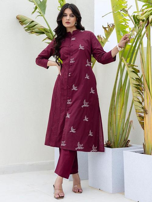 women solid with work three quarter sleeve kurta pant set - 21998514 - Very Small Image - 1