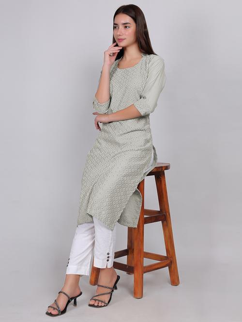 women solid with work three quarter sleeve straight kurta - 21998537 - Very Small Image - 1