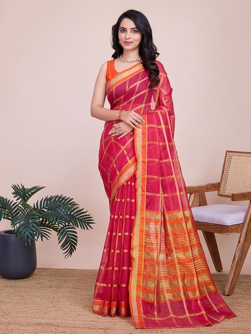 women checkered bordered saree with blouse - 21998786 - Very Small Image - 1