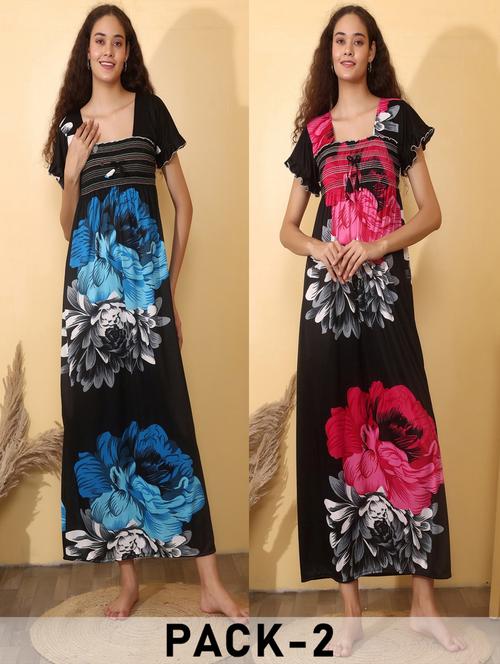 women pack of 2 floral print short sleeve nighty - 22000098 - Very Small Image - 1