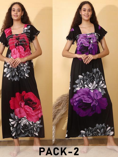 women pack of 2 floral print short sleeve nighty - 22000105 - Very Small Image - 1