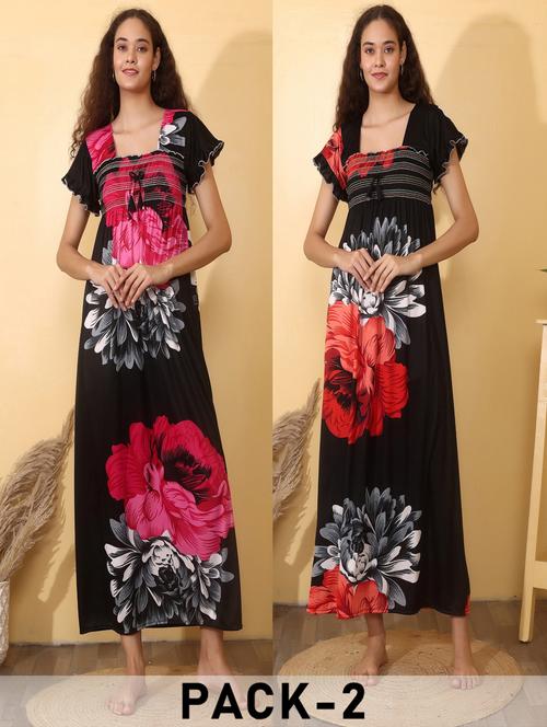 women pack of 2 floral print short sleeve nighty - 22000106 - Very Small Image - 1