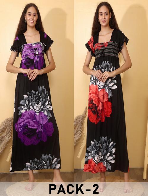 women pack of 2 floral print short sleeve nighty - 22000107 - Very Small Image - 1