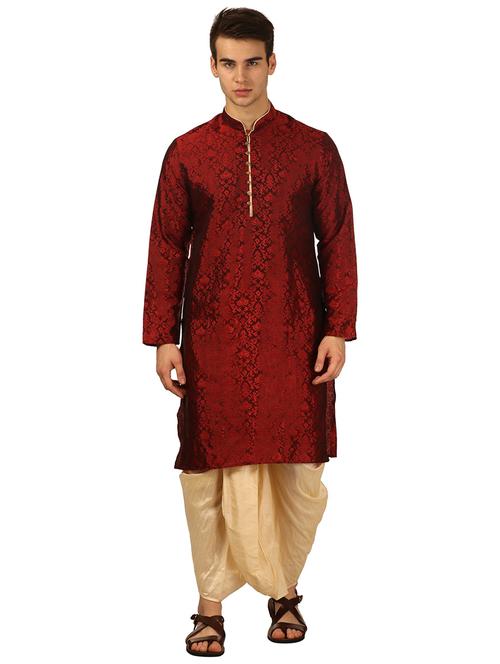 men self design mandarin neck dhoti kurta ethnic wear set - 22000178 - Very Small Image - 1