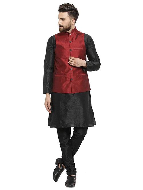 men solid mandarin neck kurta pyjama with jacket ethnic wear set - 22000201 - Very Small Image - 1