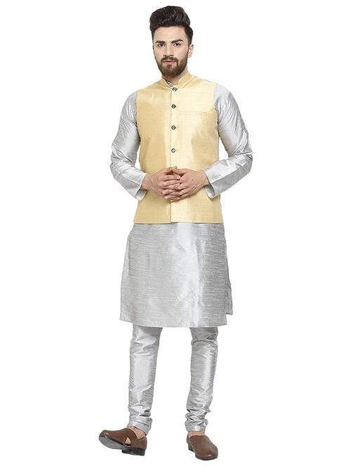 men solid mandarin neck kurta pyjama with jacket ethnic wear set - 22000202 - Very Small Image - 1