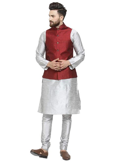 men solid mandarin neck kurta pyjama with jacket ethnic wear set - 22000204 - Very Small Image - 1