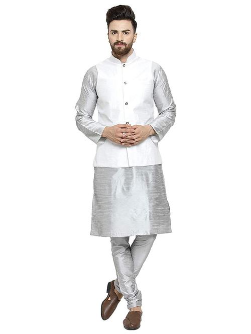 men solid mandarin neck kurta pyjama with jacket ethnic wear set - 22000205 - Very Small Image - 1
