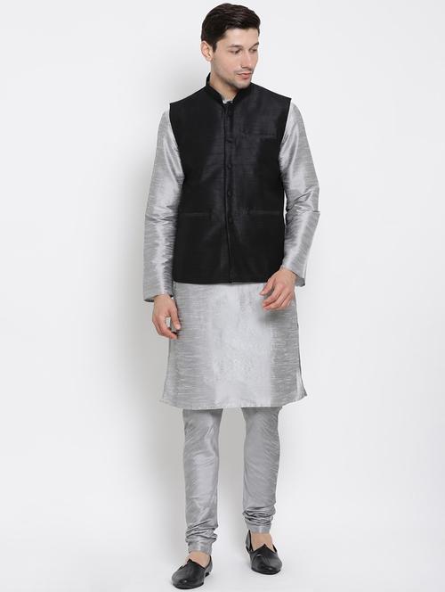 men solid mandarin neck kurta churidar ethnic wear set - 22000225 - Very Small Image - 1