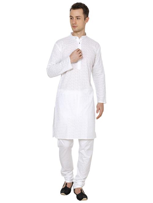 men solid witth work mandarin neck kurta churidar ethnic wear set - 22000228 - Very Small Image - 1