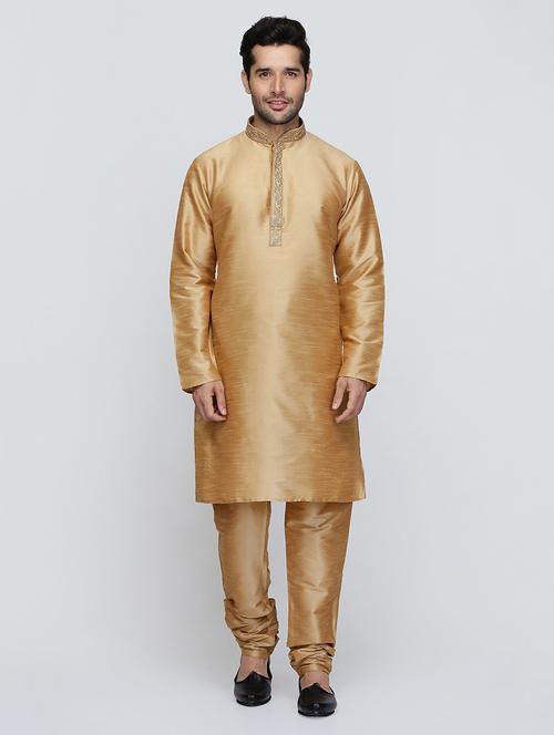 men solid mandarin neck kurta churidar ethnic wear set - 22000248 - Very Small Image - 1