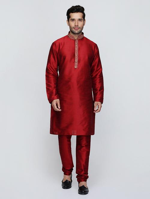 men solid mandarin neck kurta churidar ethnic wear set - 22000253 - Very Small Image - 1