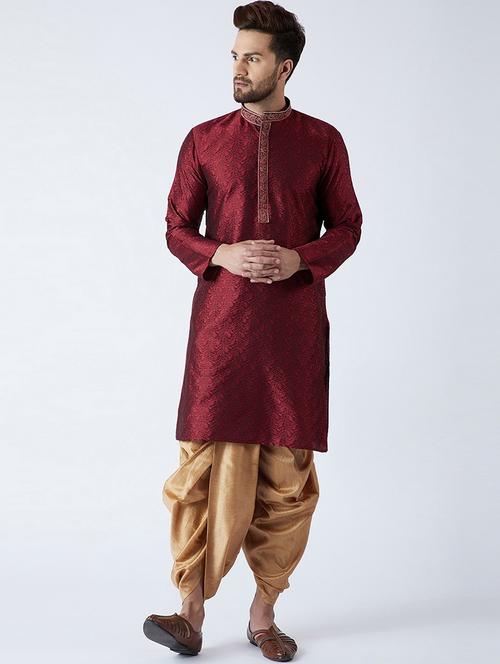 men self design mandarin neck dhoti kurta ethnic wear set - 22000307 - Very Small Image - 1