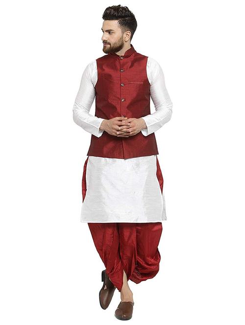men solid mandarin neck dhoti kurta with jacket ethnic wear set - 22000402 - Very Small Image - 1