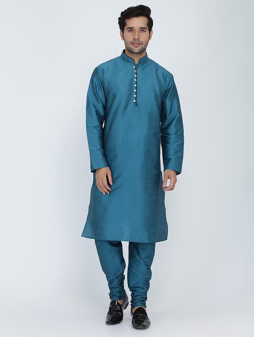men solid mandarin neck kurta churidar ethnic wear set - 22000417 - Very Small Image - 1