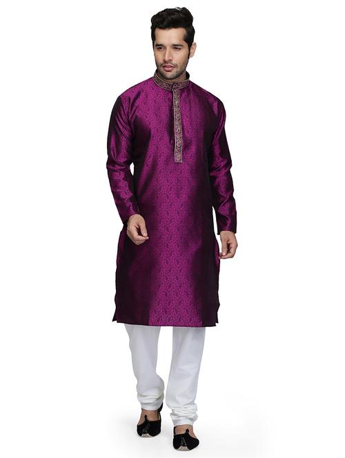 men self design mandarin neck kurta churidar ethnic wear set - 22000425 - Very Small Image - 1