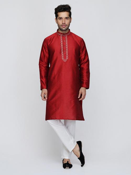 men solid mandarin neck kurta with trouser ethnic wear set - 22000429 - Very Small Image - 1