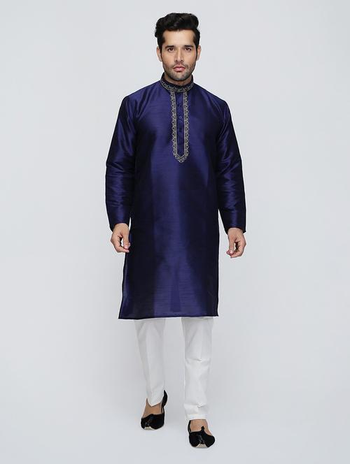 men solid mandarin neck kurta with trouser ethnic wear set - 22000430 - Very Small Image - 1