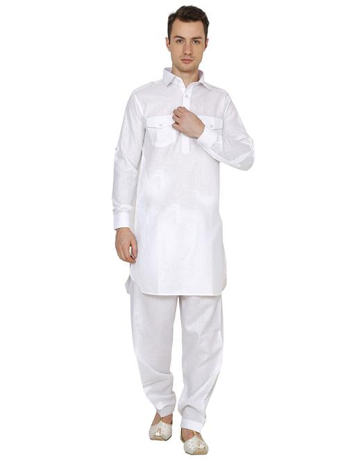 men white solid long sleeve pathani set - 22000644 - Very Small Image - 1