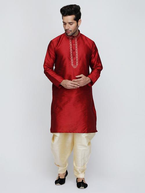 men solid mandarin neck dhoti kurta ethnic wear set - 22000693 - Very Small Image - 1