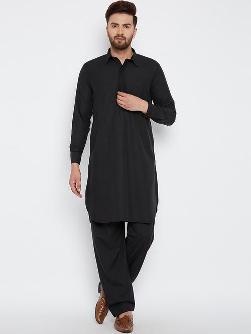 men black solid long sleeve pathani set - 22000727 - Very Small Image - 1