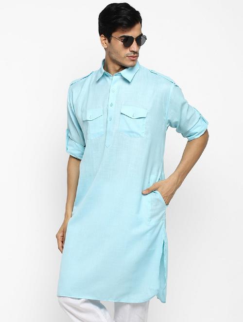 men solid collared long sleeve pathani kurta  - 22001157 - Very Small Image - 1