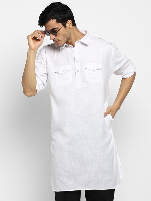men solid collared long sleeve pathani kurta  - 22001159 - Very Small Image - 1