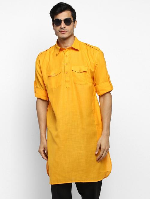 men solid collared long sleeve pathani kurta  - 22001160 - Very Small Image - 1