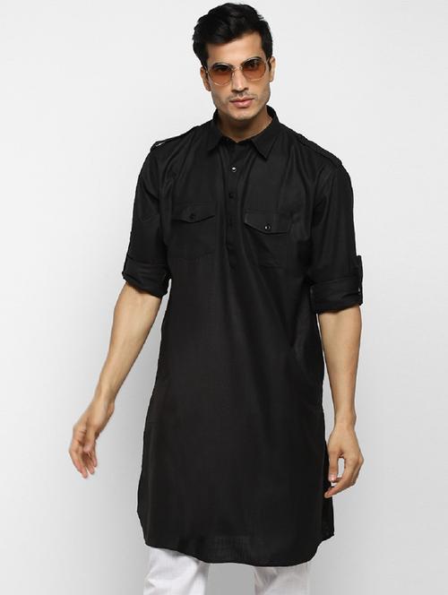 men solid collared long sleeve pathani kurta  - 22001182 - Very Small Image - 1