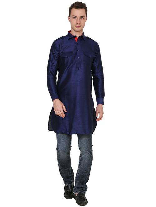 men solid collared long sleeve pathani kurta - 22001250 - Very Small Image - 1