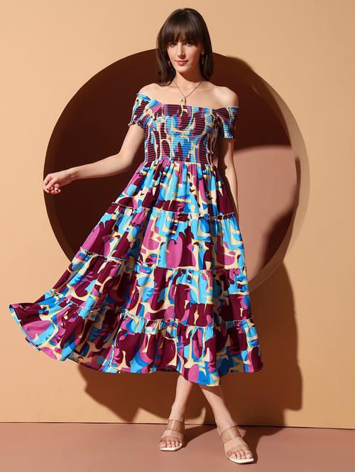 women printed off shoulder smocked detailed tiered dress - 22001283 - Very Small Image - 1