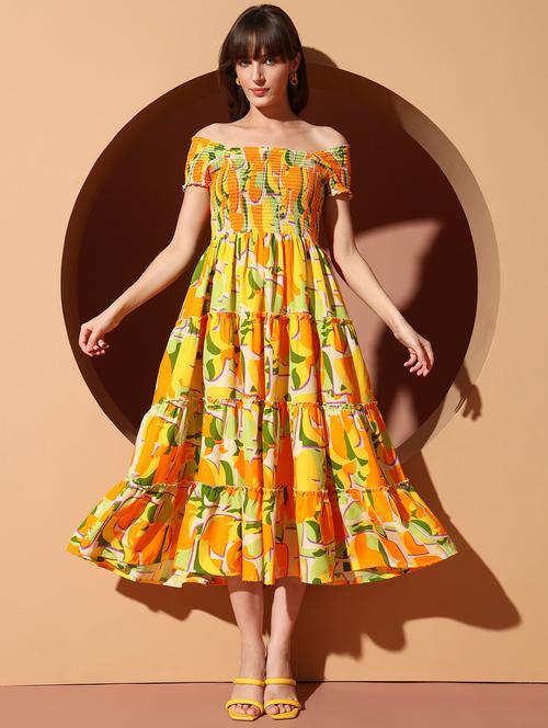women printed off shoulder smocked detailed tiered dress - 22001285 - Very Small Image - 1