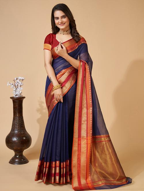 women solid with bordered kota doria saree with blouse - 22001288 - Very Small Image - 1