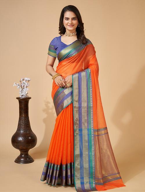 women solid with bordered kota doria saree with blouse - 22001289 - Very Small Image - 1
