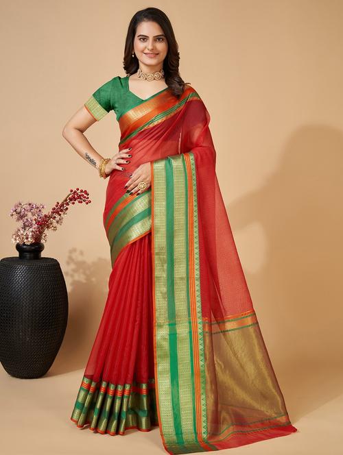women solid with bordered kota doria saree with blouse - 22001292 - Very Small Image - 1