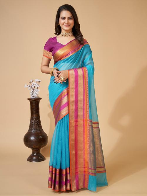 women solid with bordered kota doria saree with blouse - 22001293 - Very Small Image - 1