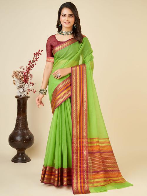 women green kota doria saree with blouse - 22001307 - Very Small Image - 1