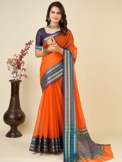 women solid with bordered kota doria saree with blouse - 22001310 - Very Small Image - 1
