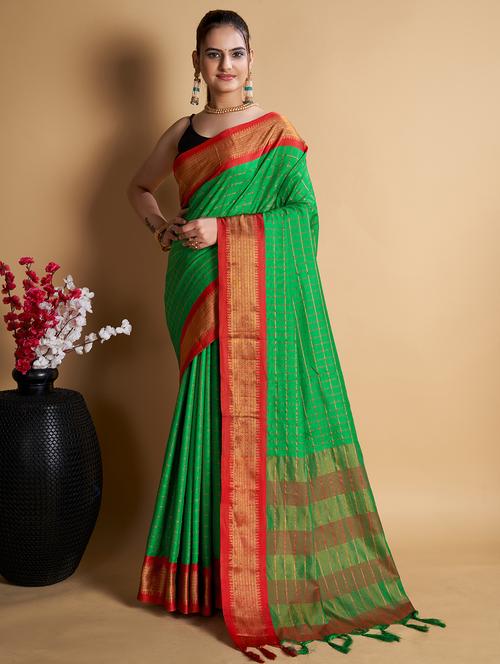 women checkered bordered saree with blouse - 22001336 - Very Small Image - 1