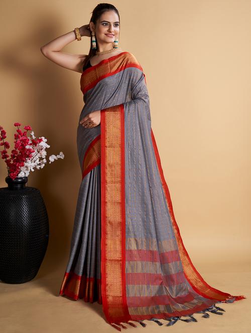 women checkered bordered saree with blouse - 22001337 - Very Small Image - 1