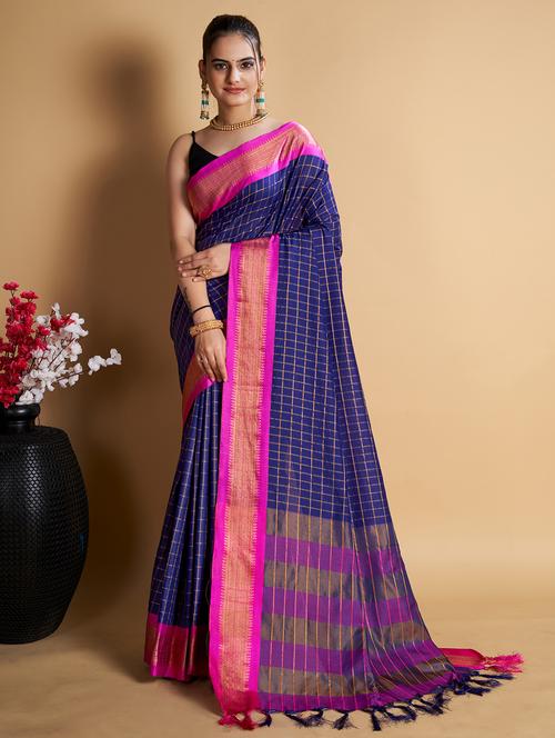 women checkered bordered saree with blouse - 22001339 - Very Small Image - 1